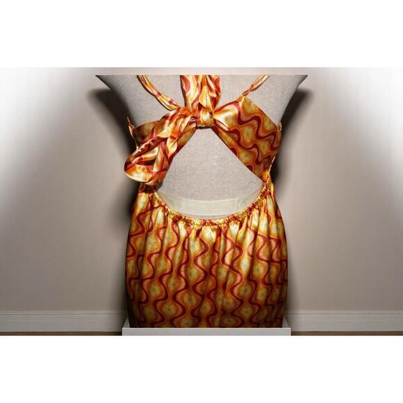 Blush & Stone 70s Swirl Satin Slip Dress – Size Large – Retro Floral Tie-Back - Picture 6 of 8